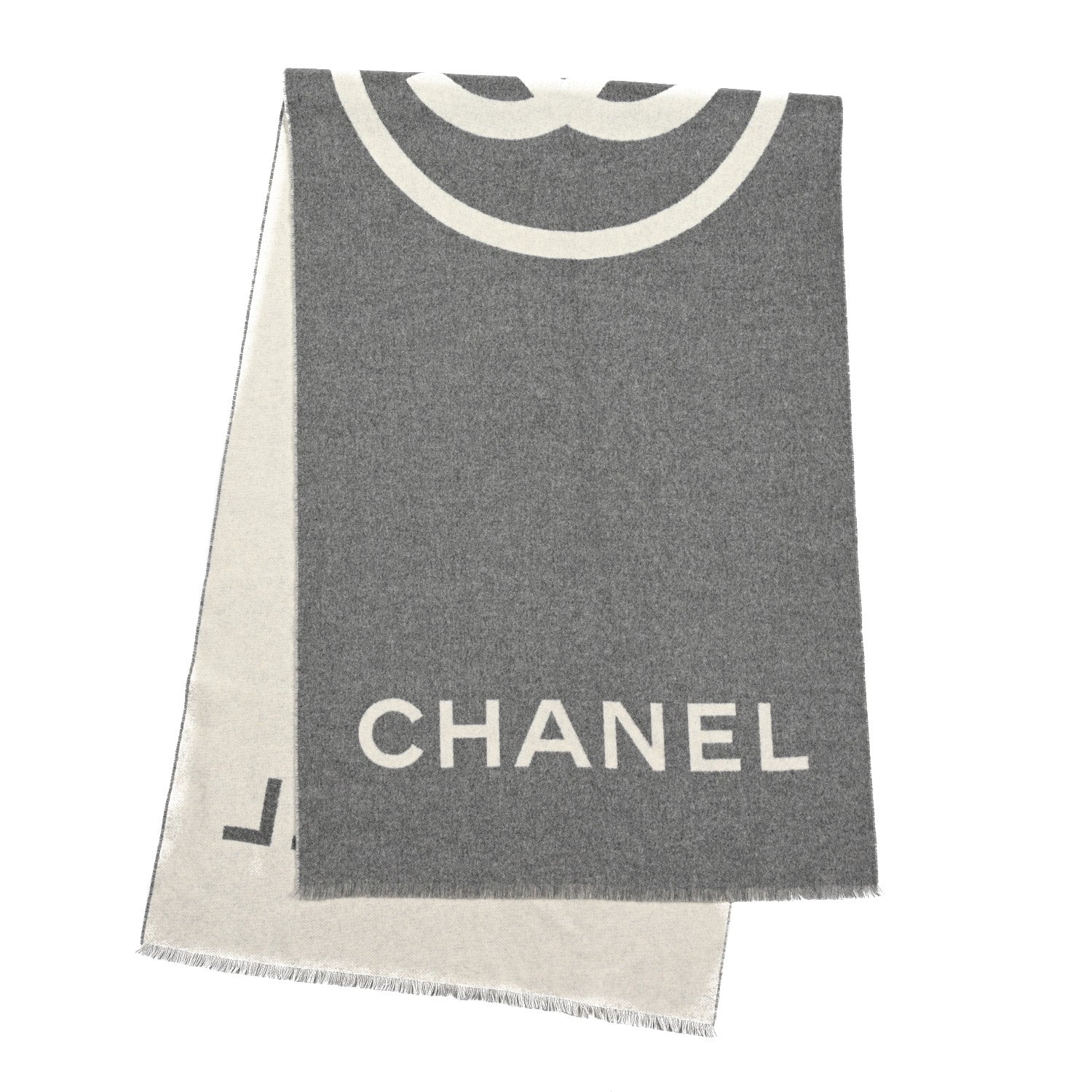 Chanel Cashmere CC Fringe Stole Grey White 3 of 3