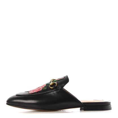 Gucci Calfskin Flower Embroidered Womens Princetown Slippers 38 Black 1 of 9