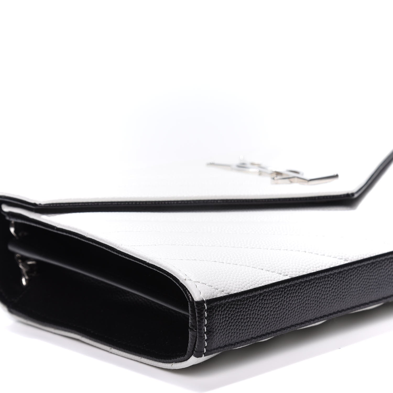 Saint Laurent Grain De Poudre Matelasse Bi-Color Chevron Monogram Chain Wallet White Black 5 of 9