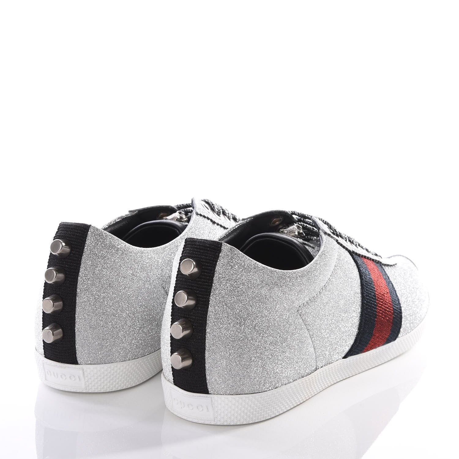 Gucci Glitter Fabric Studded Web Sneakers 37.5 Silver 4 of 9