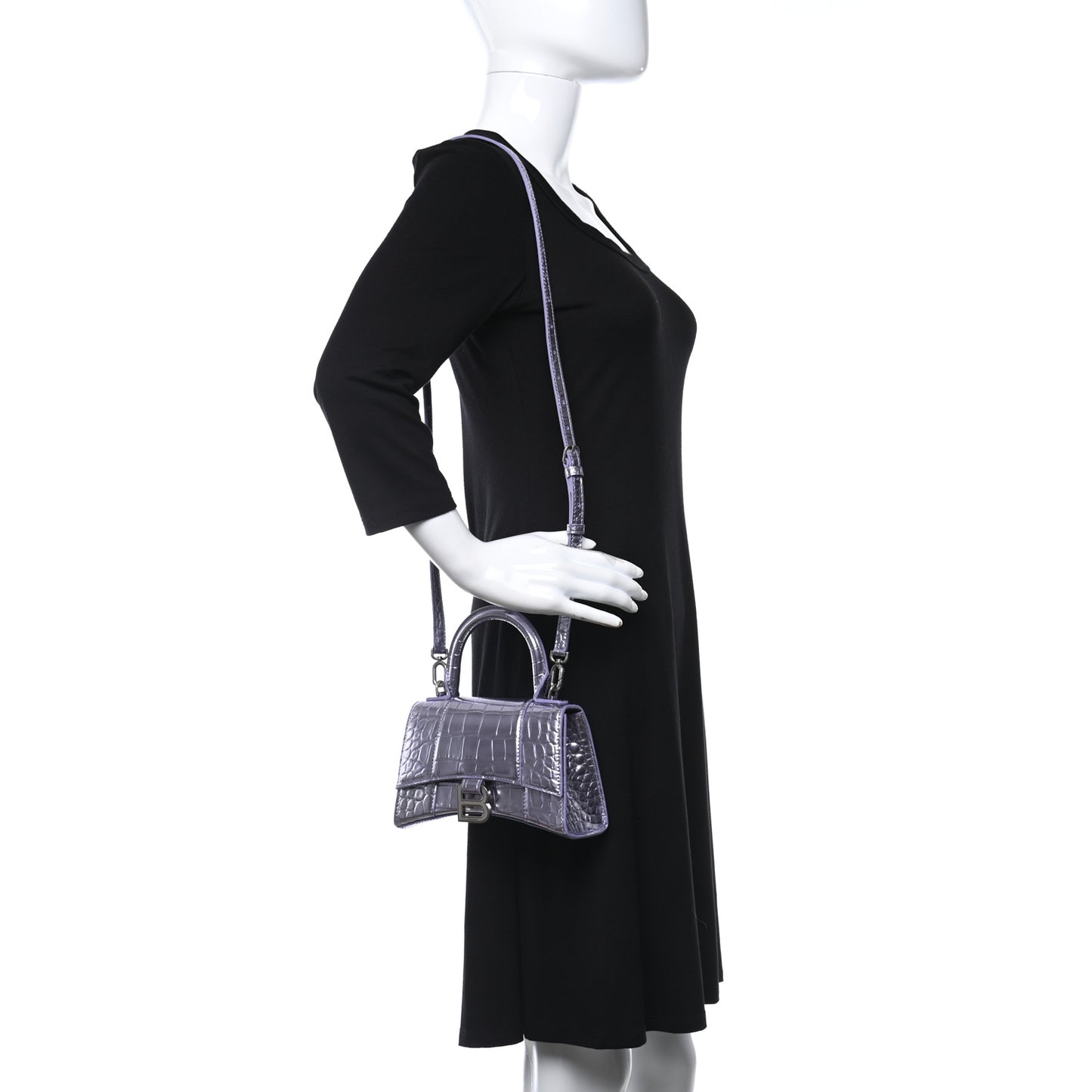 Metallic Calfskin Crocodile Embossed Hourglass Top Handle Bag XS Lilac