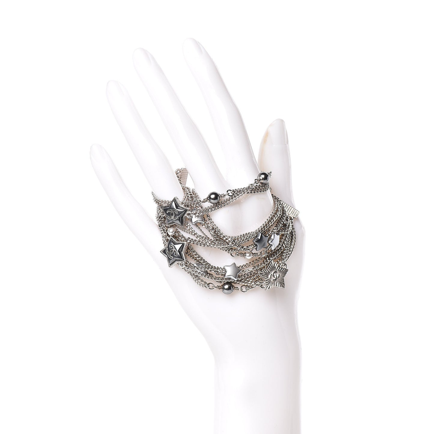 Metal Resin Pearl Multistrand Chain CC Bracelet Grey