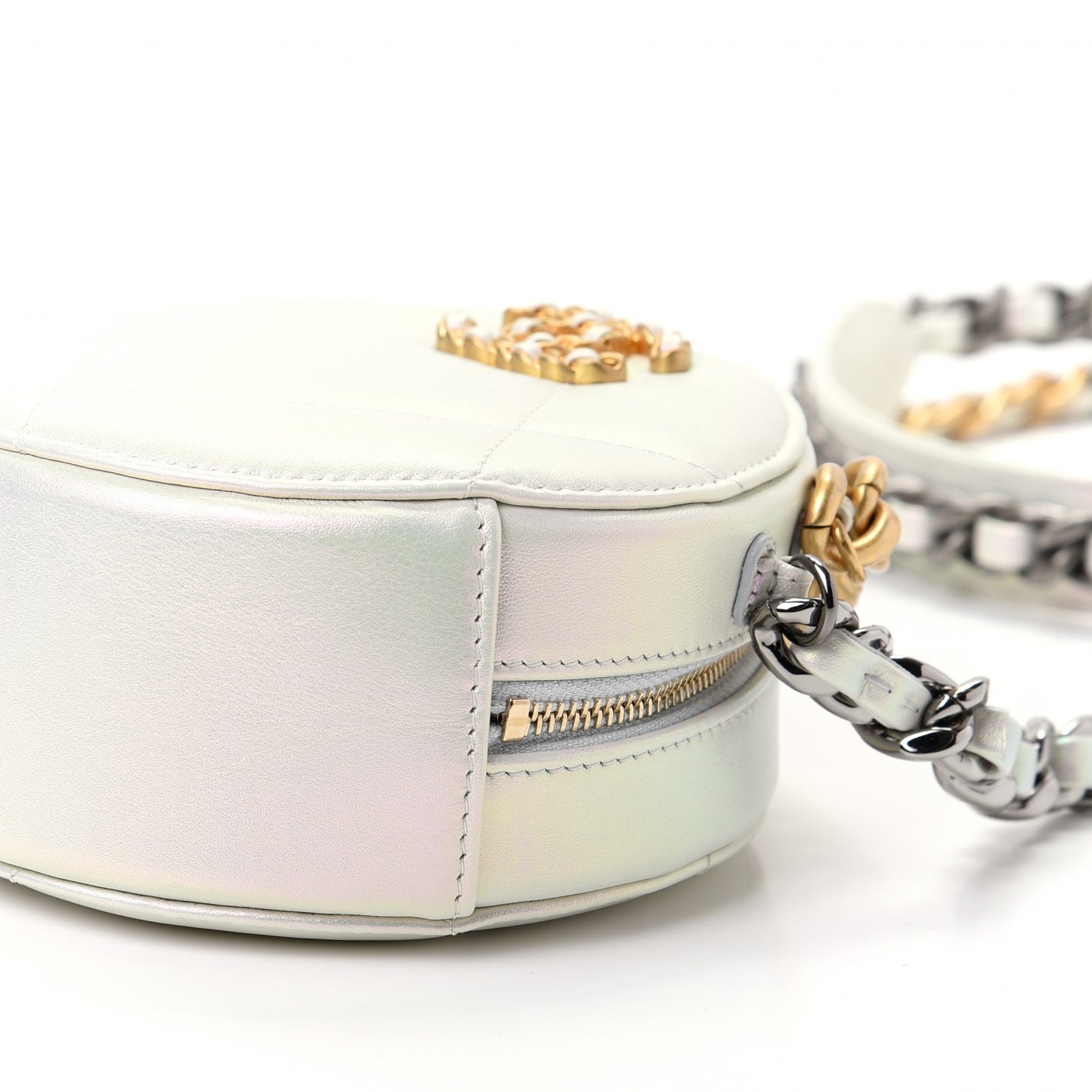 Iridescent Calfskin Quilted Chanel 19 Round Clutch With Chain White