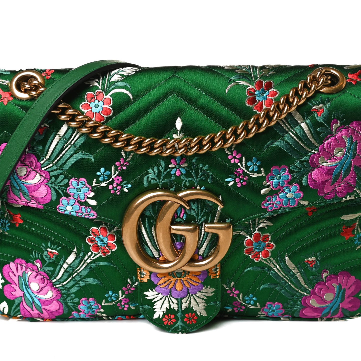 Jacquard Matelasse Floral Medium GG Marmont Shoulder Bag Green