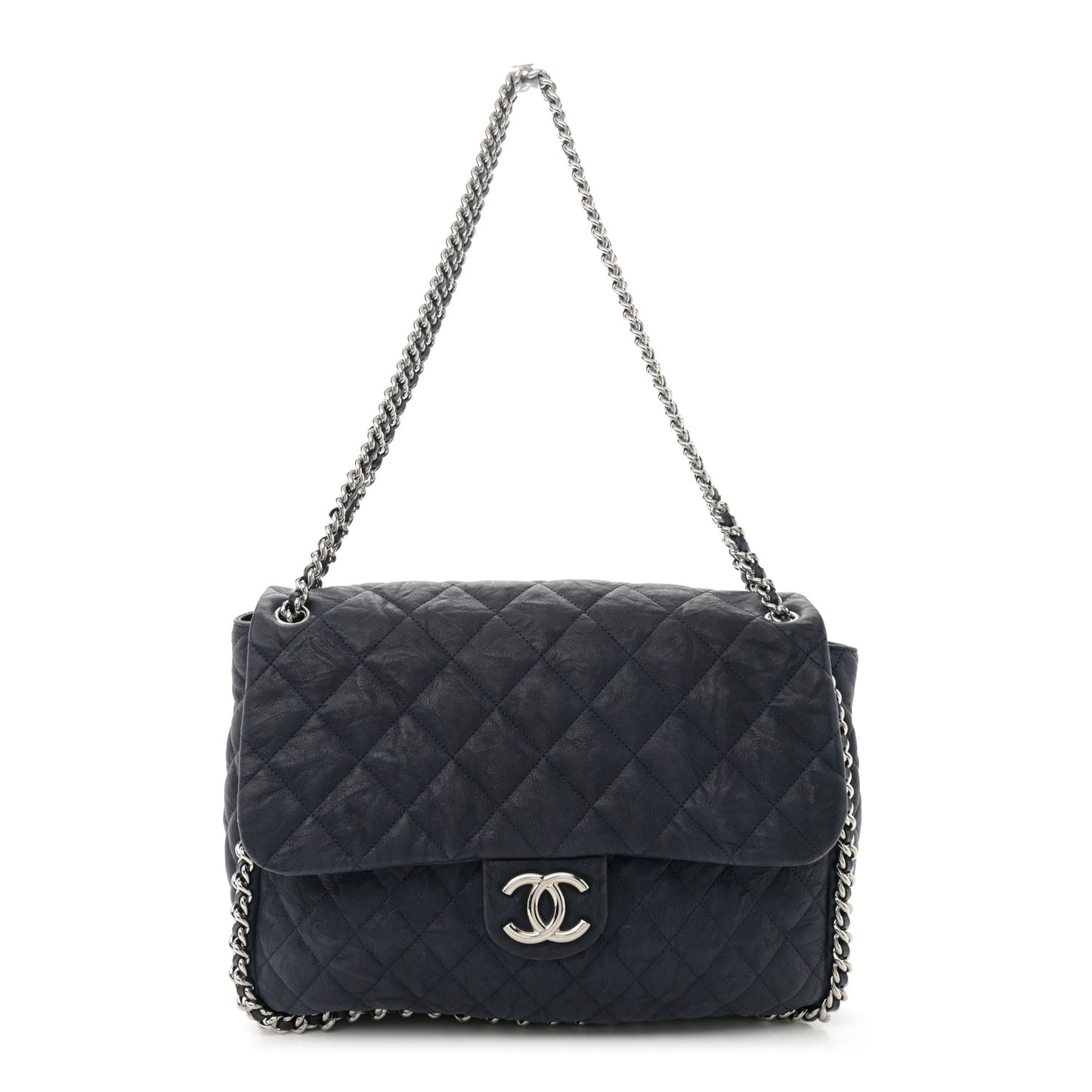 Washed Lambskin Quilted Maxi Chain Around Flap Navy Blue