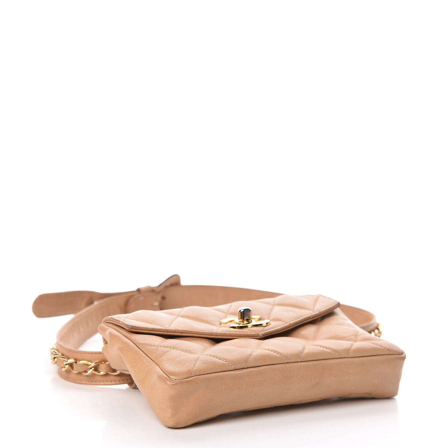Lambskin Quilted Flap Waist Belt Bag Beige