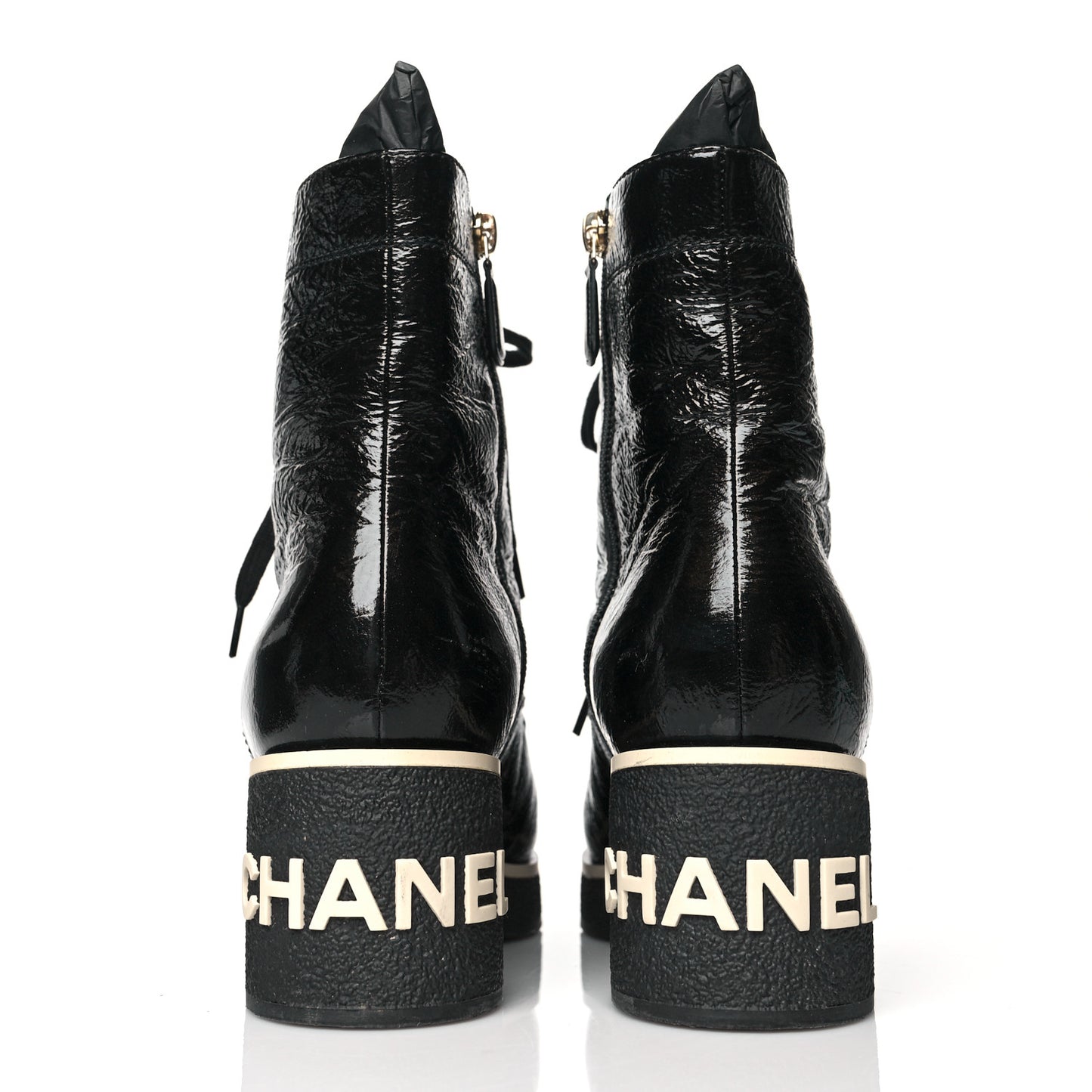 Shiny Crumpled Lambskin Lace Up Combat Boots 38 Black