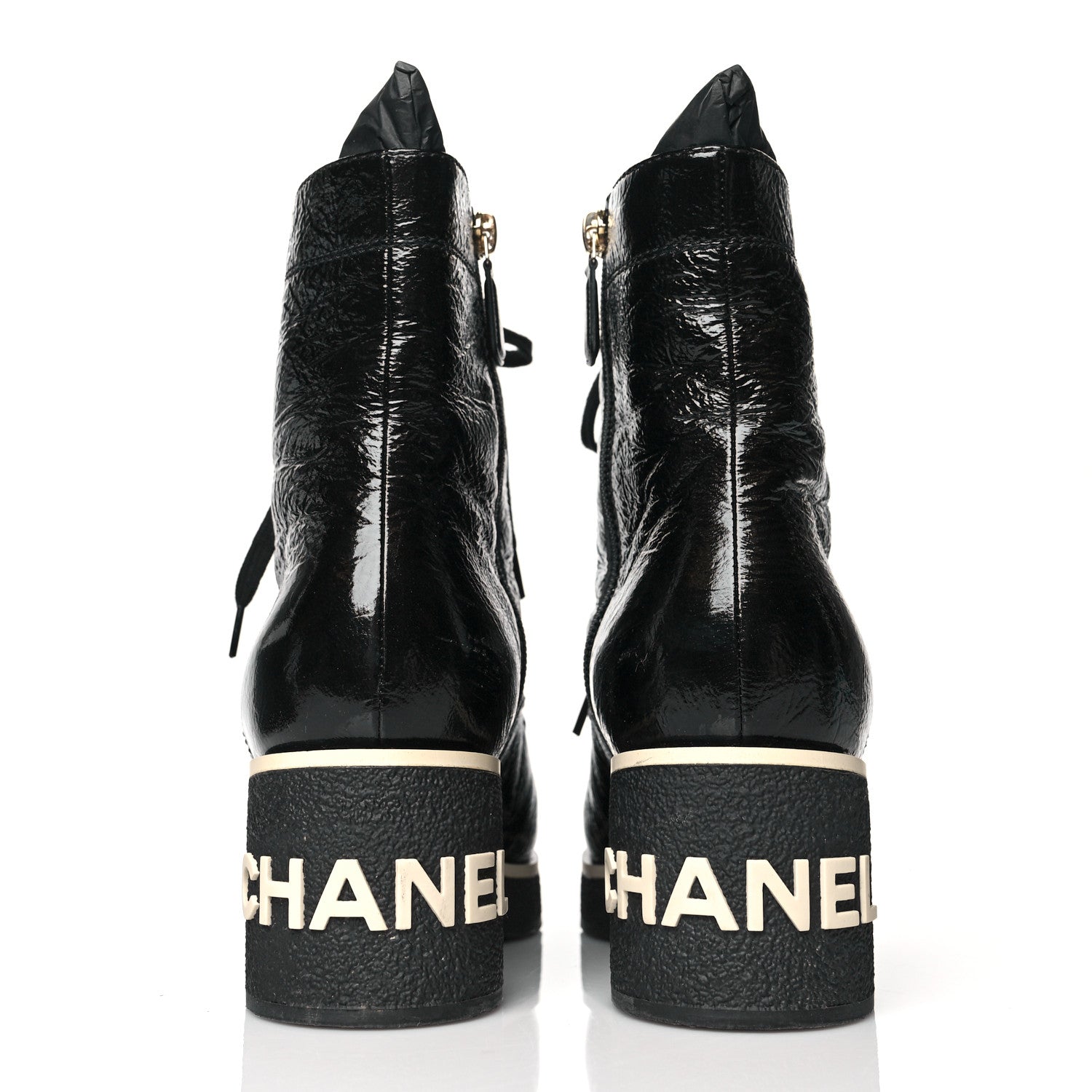 Chanel Shiny Crumpled Lambskin Lace Up Combat Boots 38 Black 5 of 10