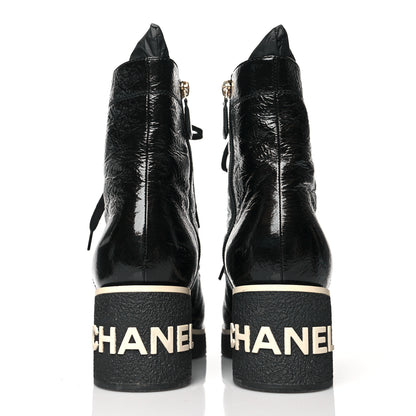 Chanel Shiny Crumpled Lambskin Lace Up Combat Boots 38 Black 5 of 10