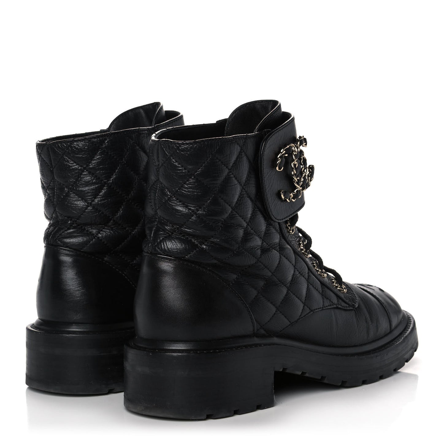 Shiny Goatskin Calfskin Quilted Lace Up Combat Boots 38.5 Black