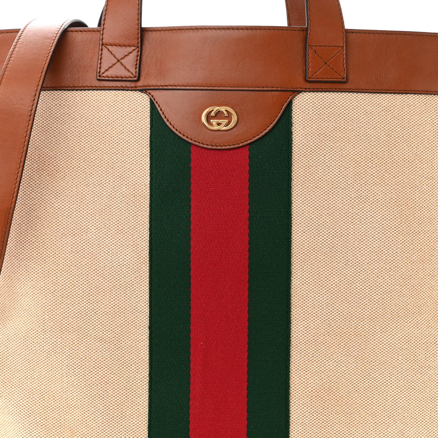 Gucci Vintage Canvas Calfskin Web Flat Tote Sand Light Cuir 8 of 11