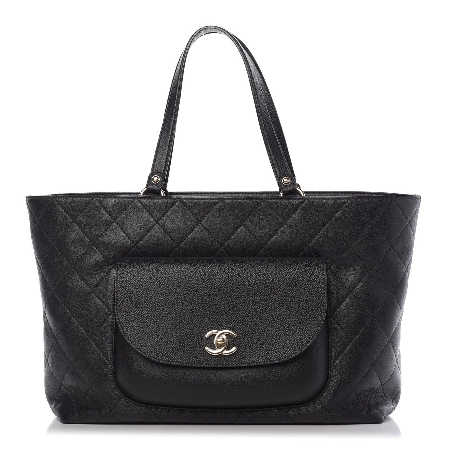 Sheepskin Caviar Quilted Large Shopping Tote Black