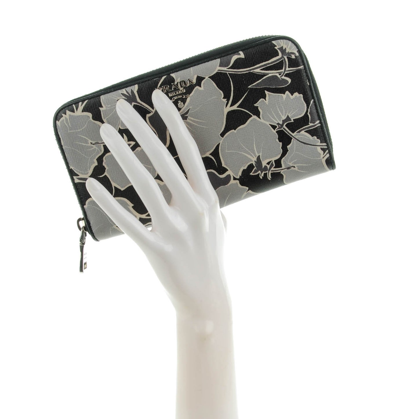 Saffiano Floral Print Zip Around Wallet Nero Black