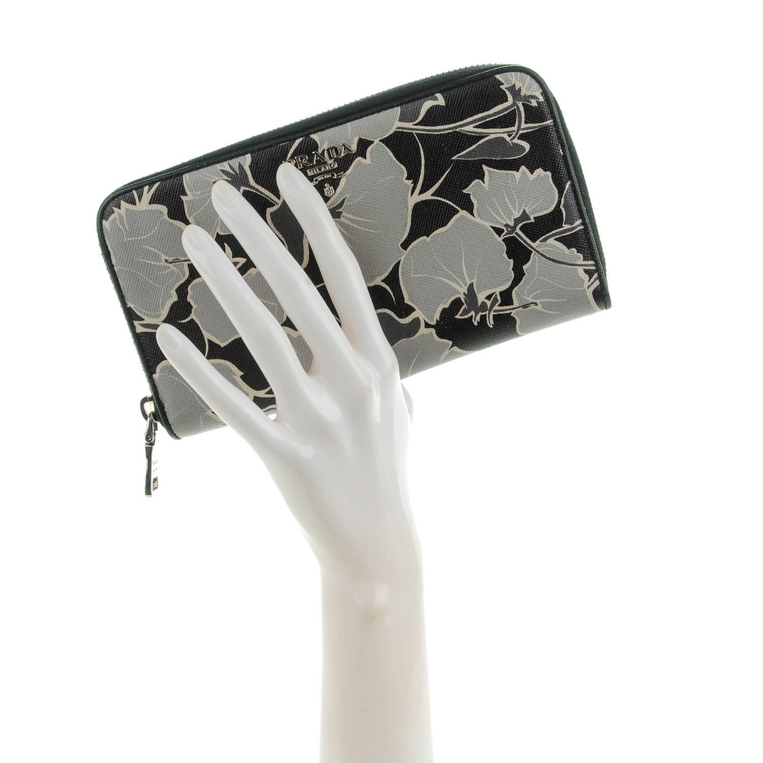 Prada Saffiano Floral Print Zip Around Wallet Nero Black 2 of 8