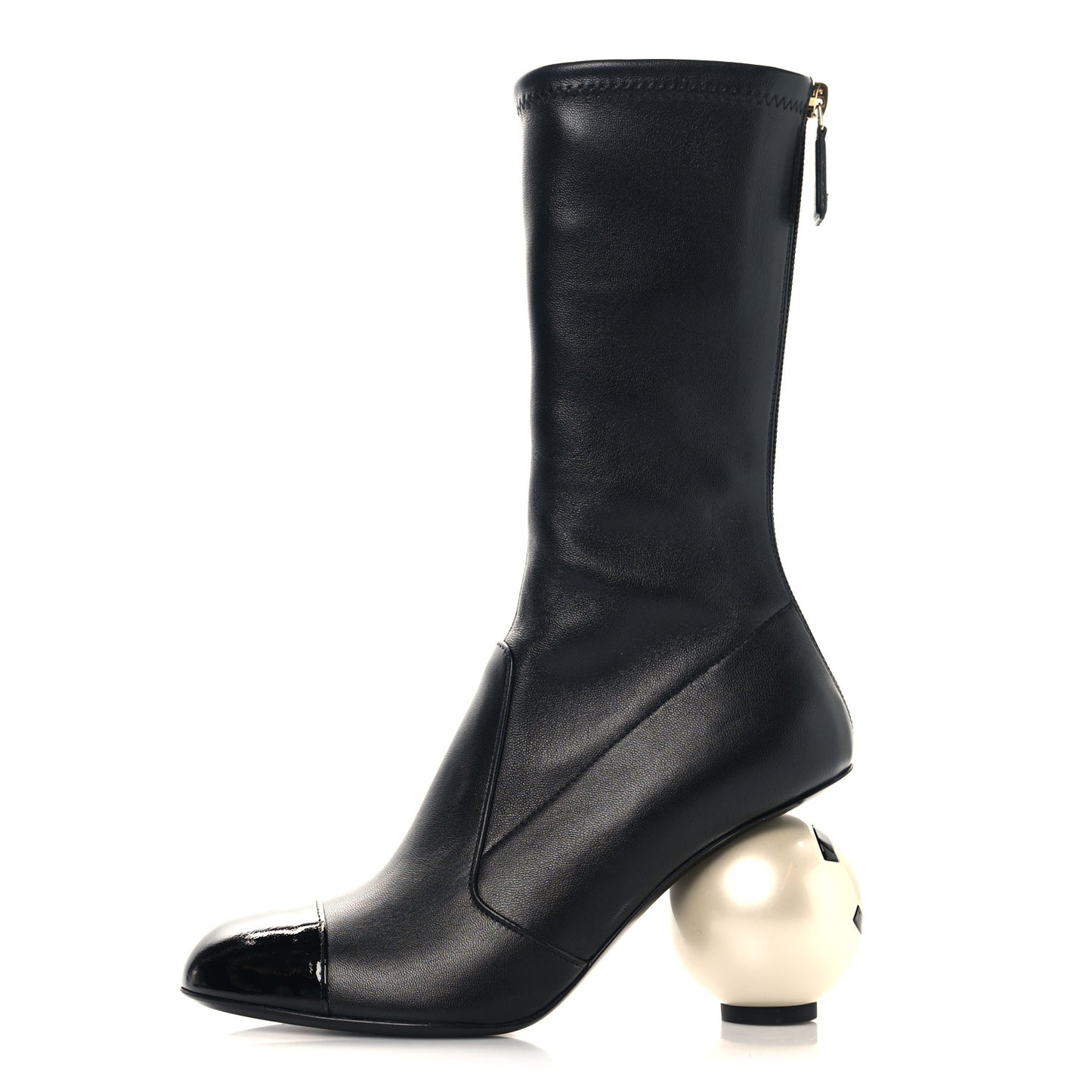 Stretch Lambskin Patent Cap Toe Pearl Ball Mid Calf Boots 36.5 Black