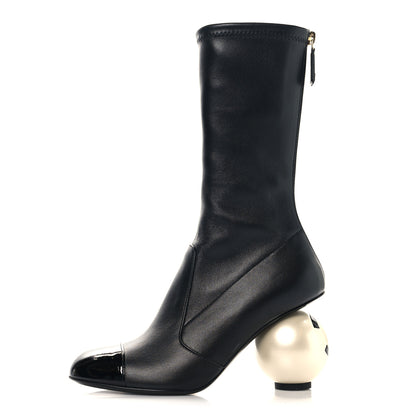 Chanel Stretch Lambskin Patent Cap Toe Pearl Ball Mid Calf Boots 36.5 Black 1 of 8