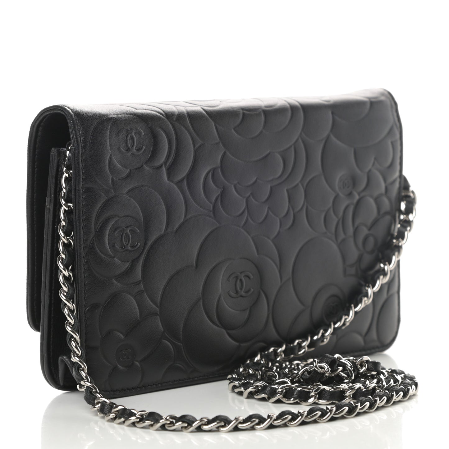 Lambskin Camellia Embossed Wallet on Chain WOC Black