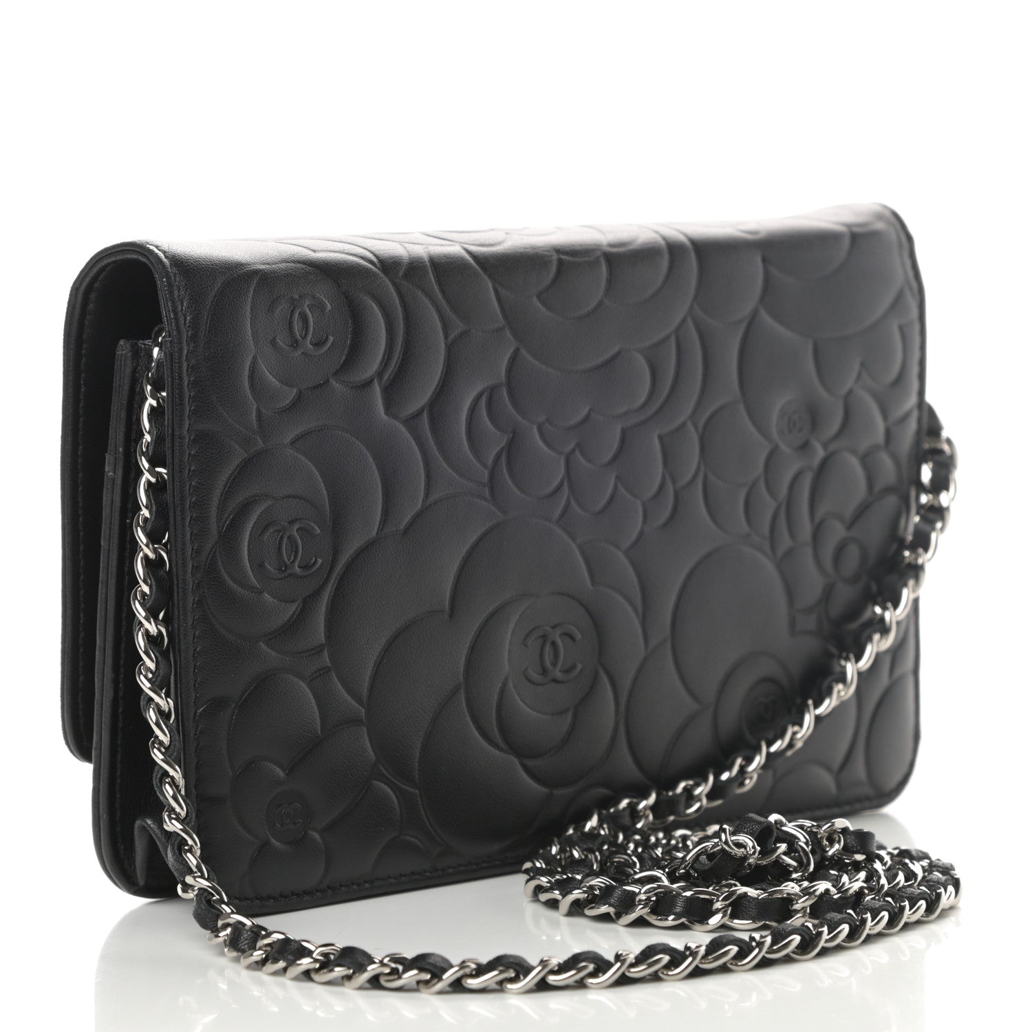 Chanel Lambskin Camellia Embossed Wallet on Chain WOC Black 3 of 13
