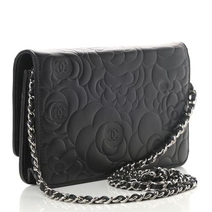 Chanel Lambskin Camellia Embossed Wallet on Chain WOC Black 3 of 13