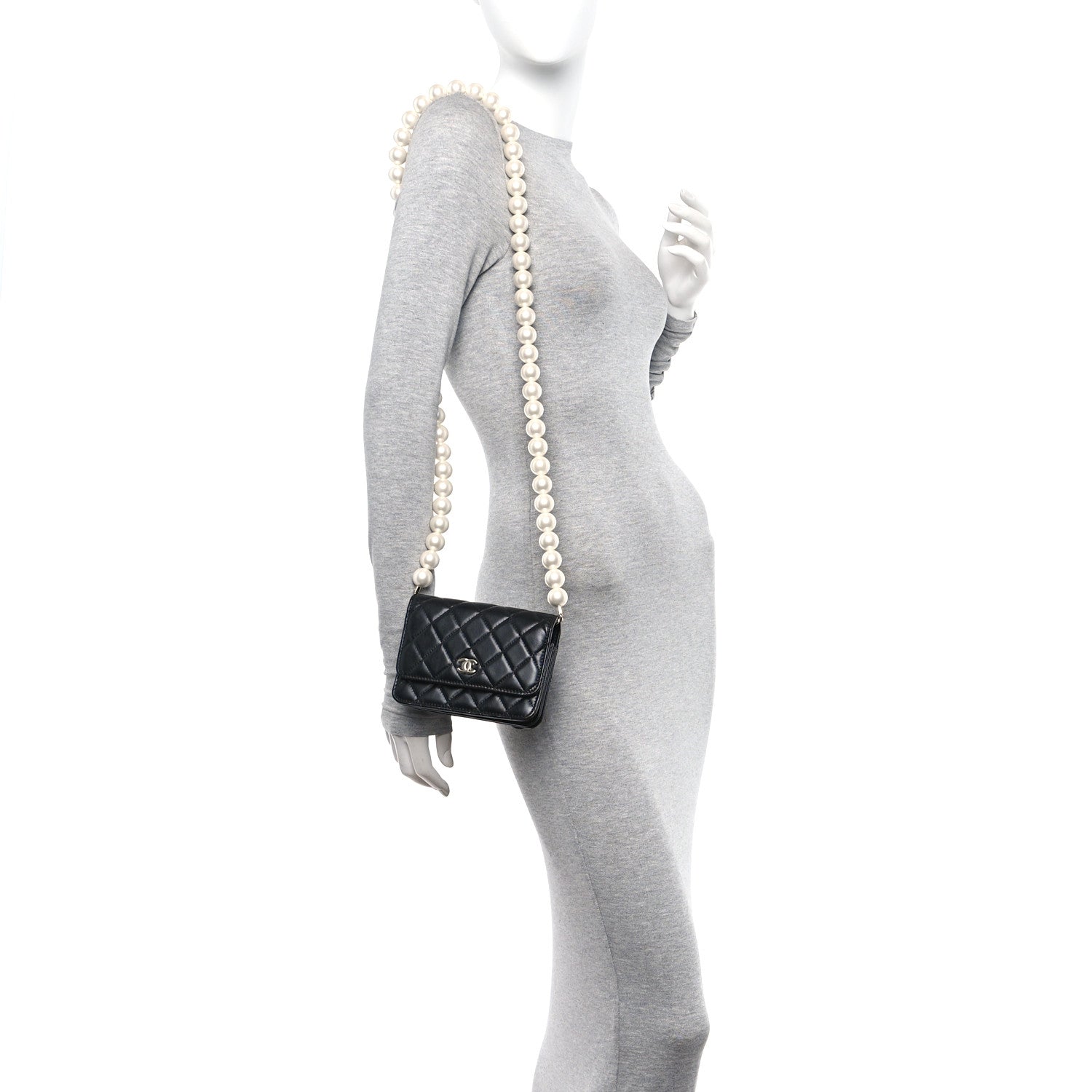 Chanel Calfskin Quilted Mini Maxi Pearls Wallet On Chain WOC Black 2 of 10