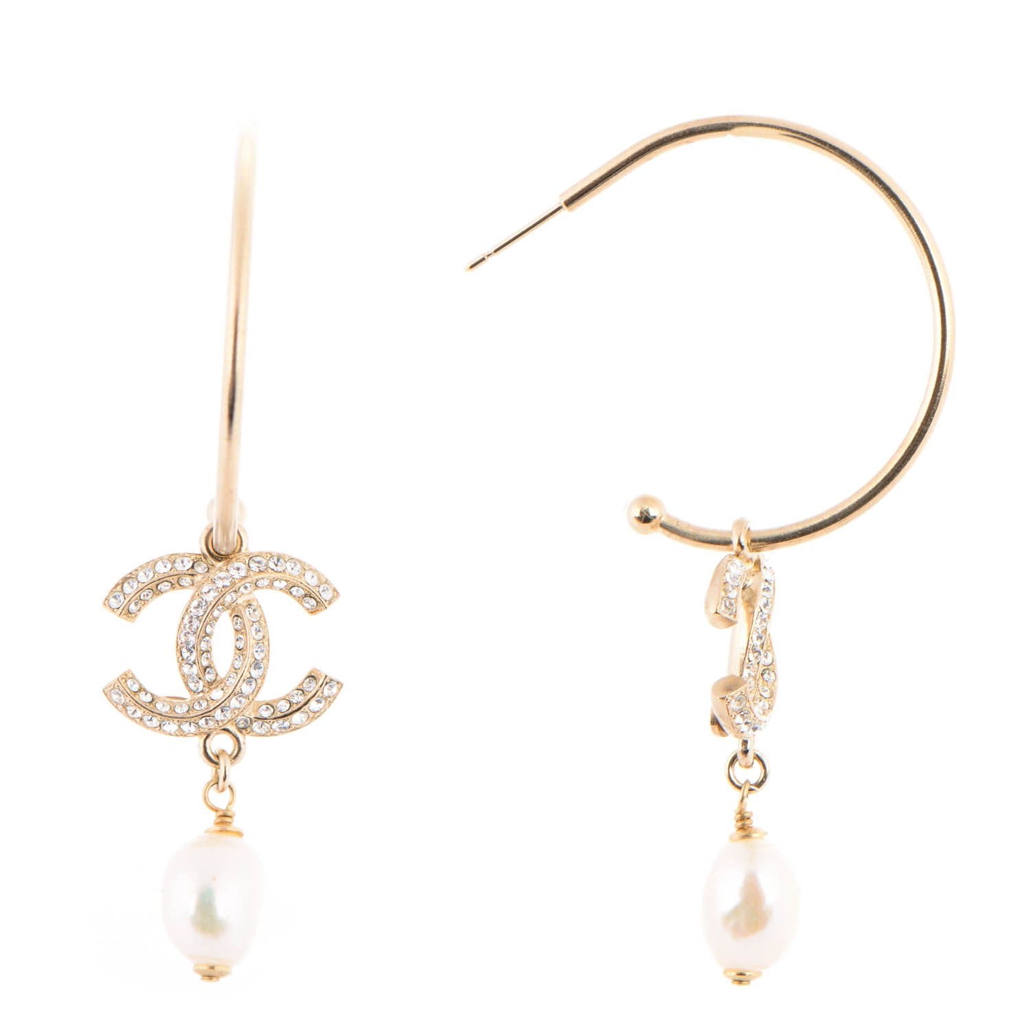 Chanel Crystal Pearl CC Hoop Earrings Gold 1 of 4