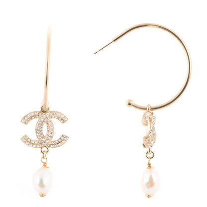 Chanel Crystal Pearl CC Hoop Earrings Gold 1 of 4