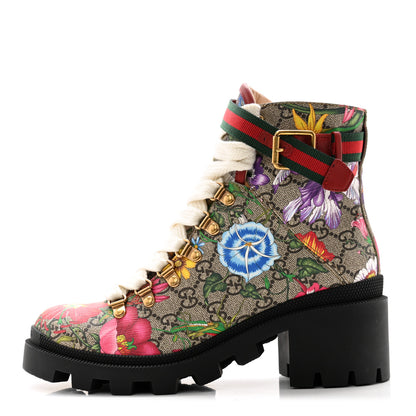 Gucci GG Supreme Monogram Flora Lace Up Combat Ankle Boots 37.5 Beige Multicolor Red 1 of 10