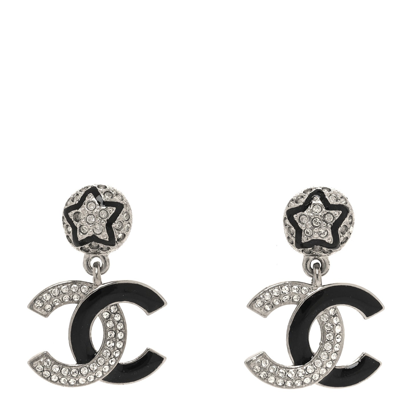 Crystal Enamel CC Star Drop Earrings Silver Black