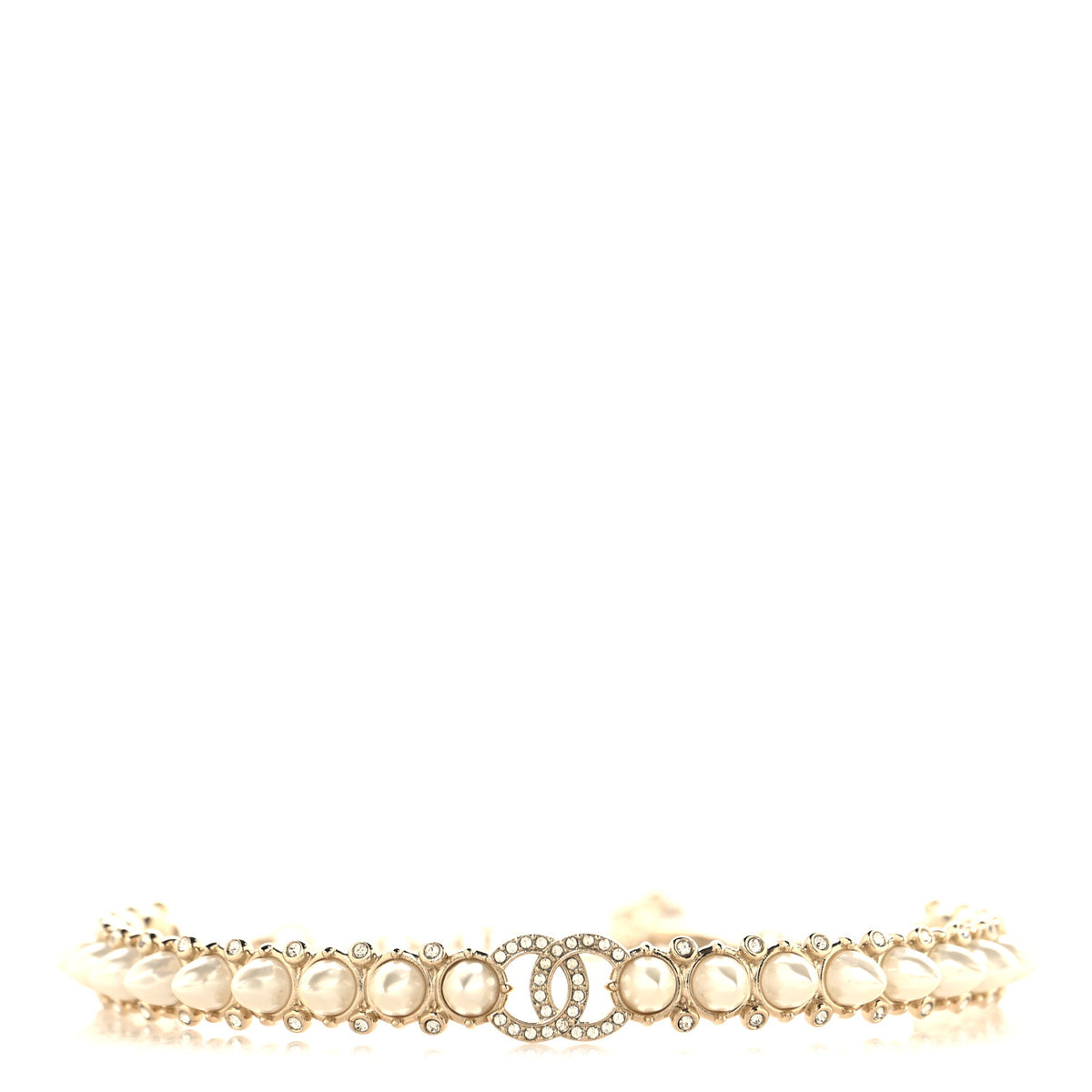 Strass Crystal Studded Pearl CC Choker Necklace Gold Pearly White