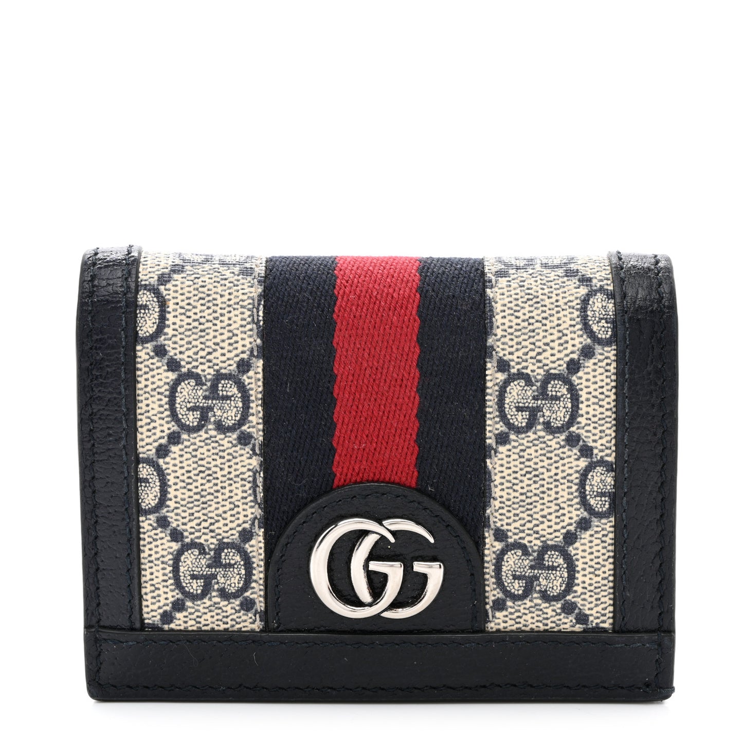 GG Supreme Monogram Textured Dollar Calfskin Web Ophidia Card Case Beige Blue