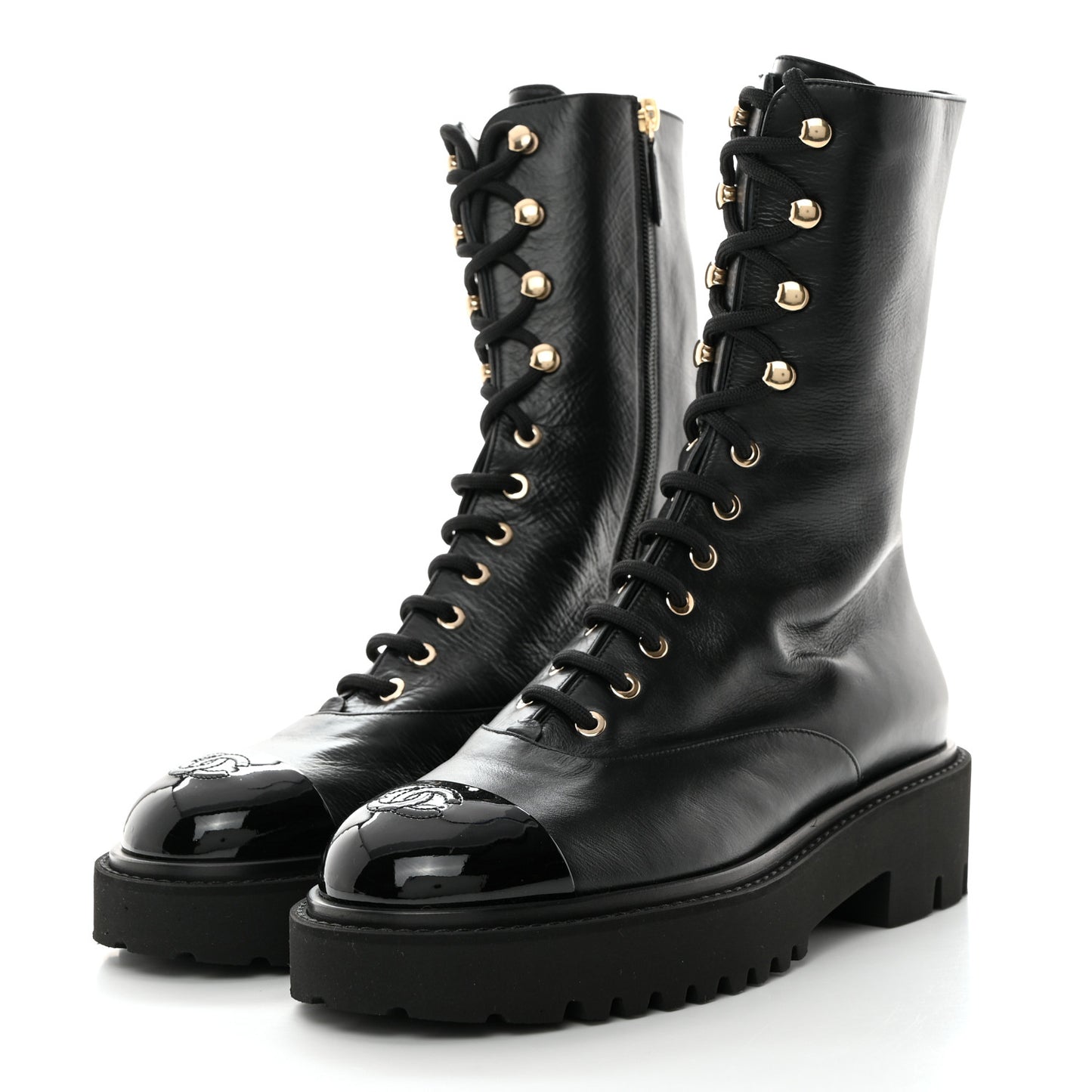 Crumpled Calfskin Patent Cap Toe Lace Up Combat Boots 41 Black