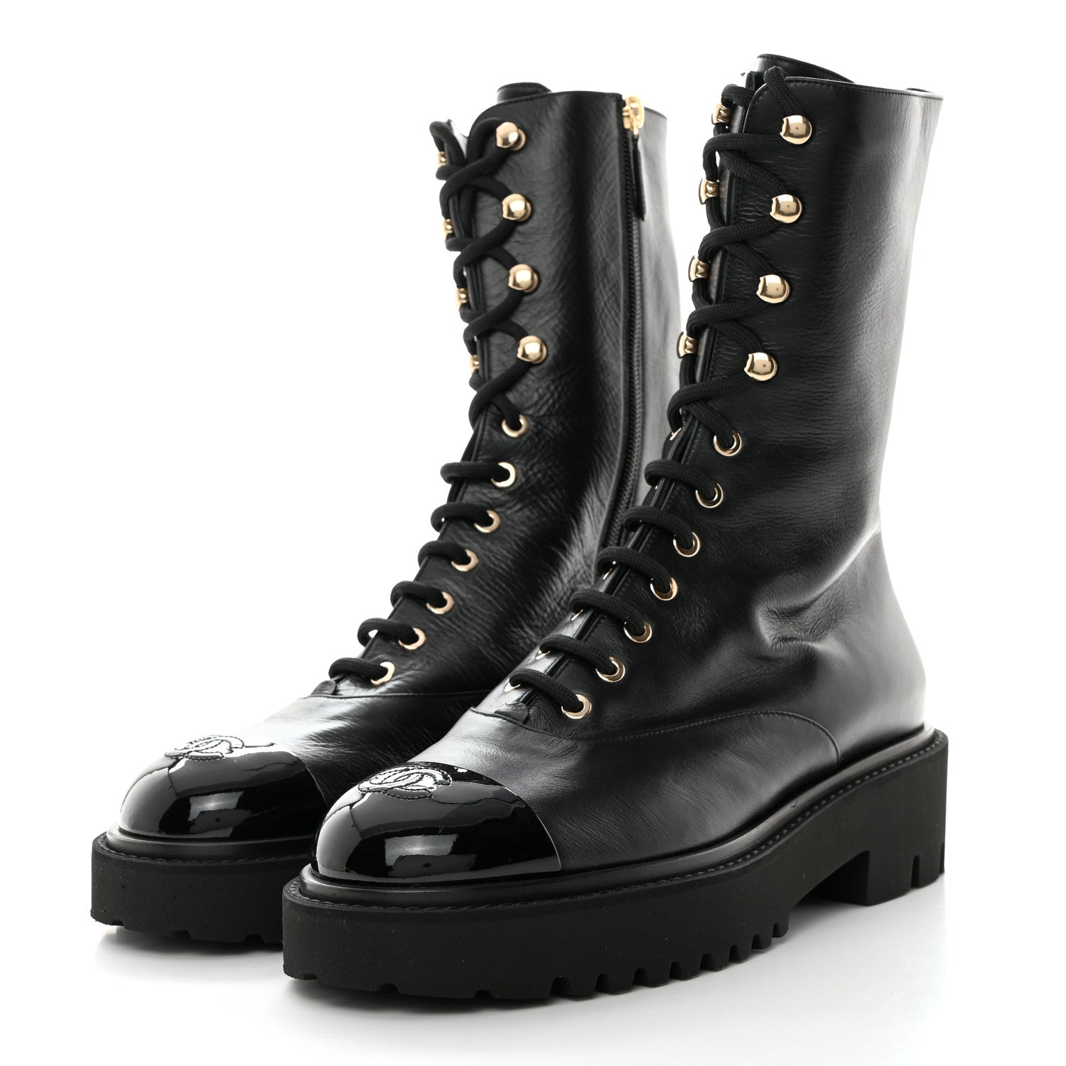 Chanel Crumpled Calfskin Patent Cap Toe Lace Up Combat Boots 41 Black 3 of 9