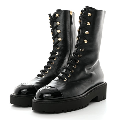 Chanel Crumpled Calfskin Patent Cap Toe Lace Up Combat Boots 41 Black 3 of 9