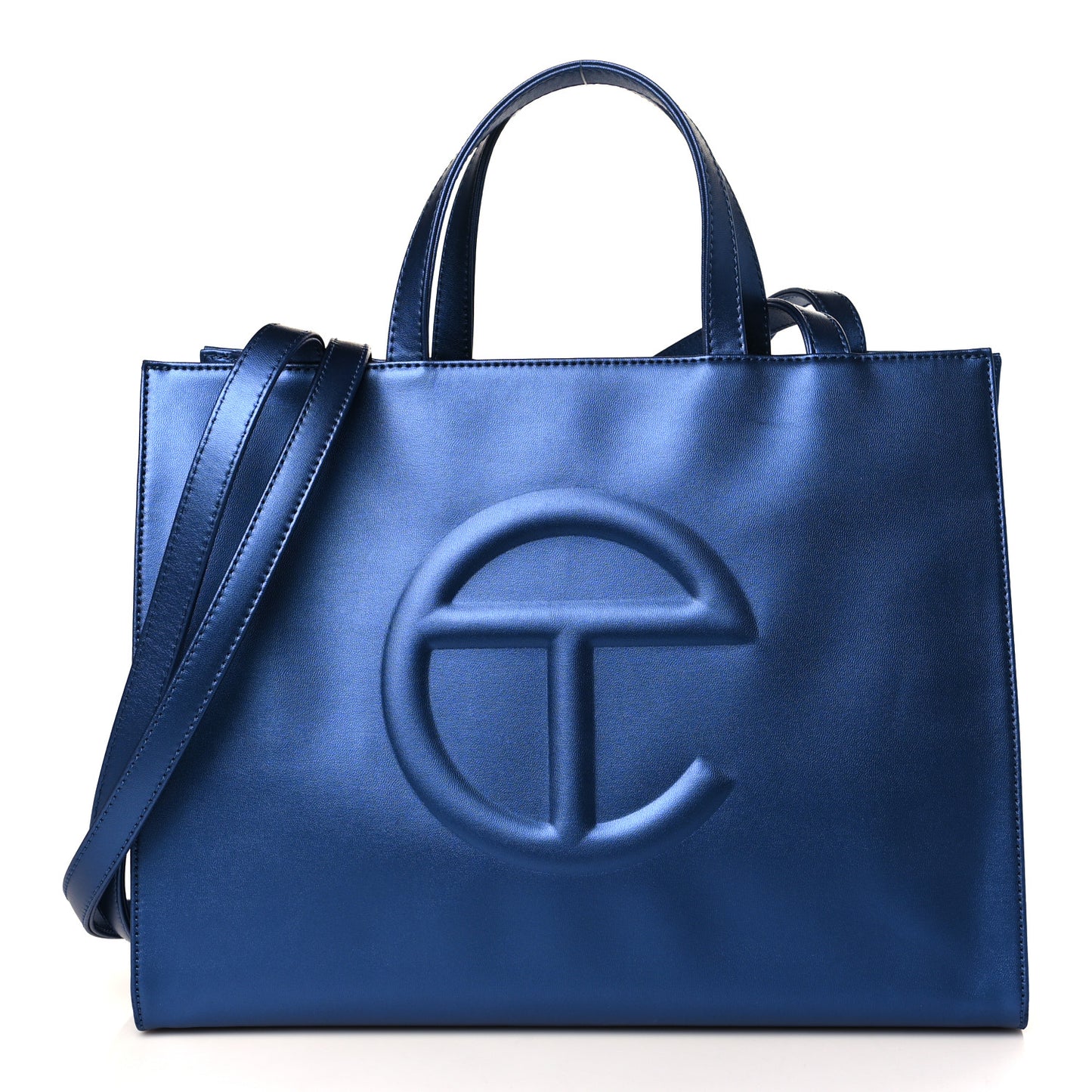 Metallic Vegan Leather Medium Shopping Bag Cobalt