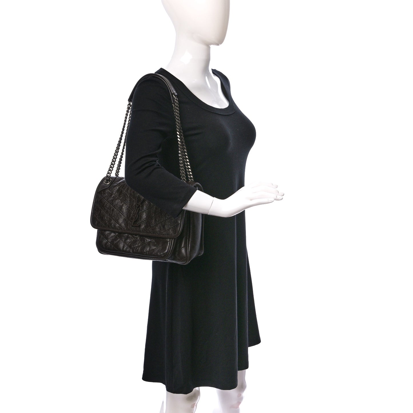 Crinkled Calfskin Matelasse Monogram Medium Niki Chain Satchel Chocolate