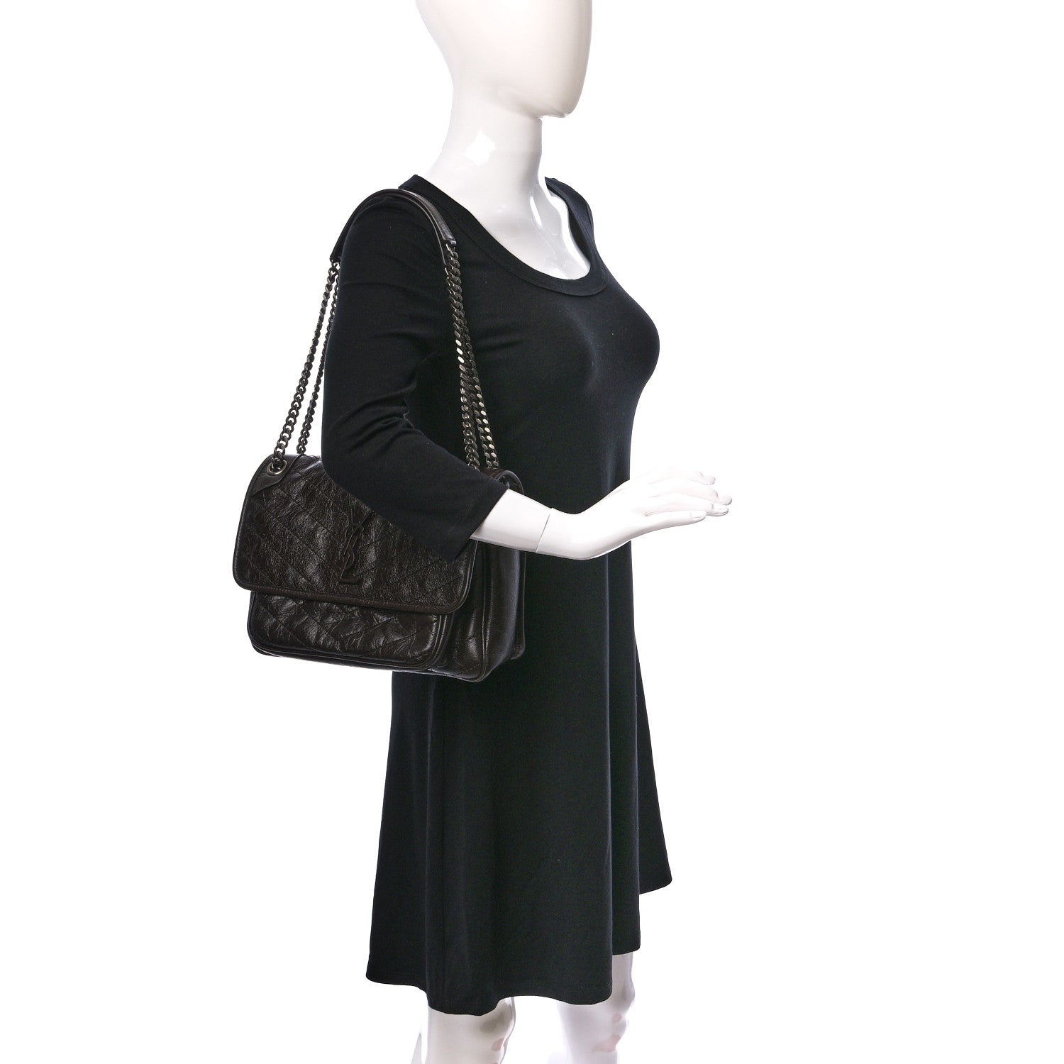 Saint Laurent Crinkled Calfskin Matelasse Monogram Medium Niki Chain Satchel Chocolate 2 of 8