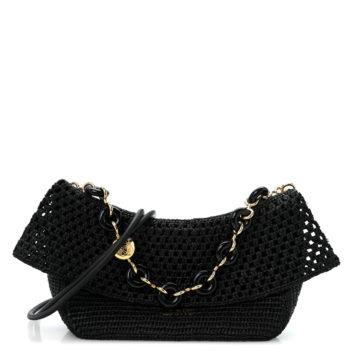 Raffia Donut Chain Medium Ola Shoulder Bag Black