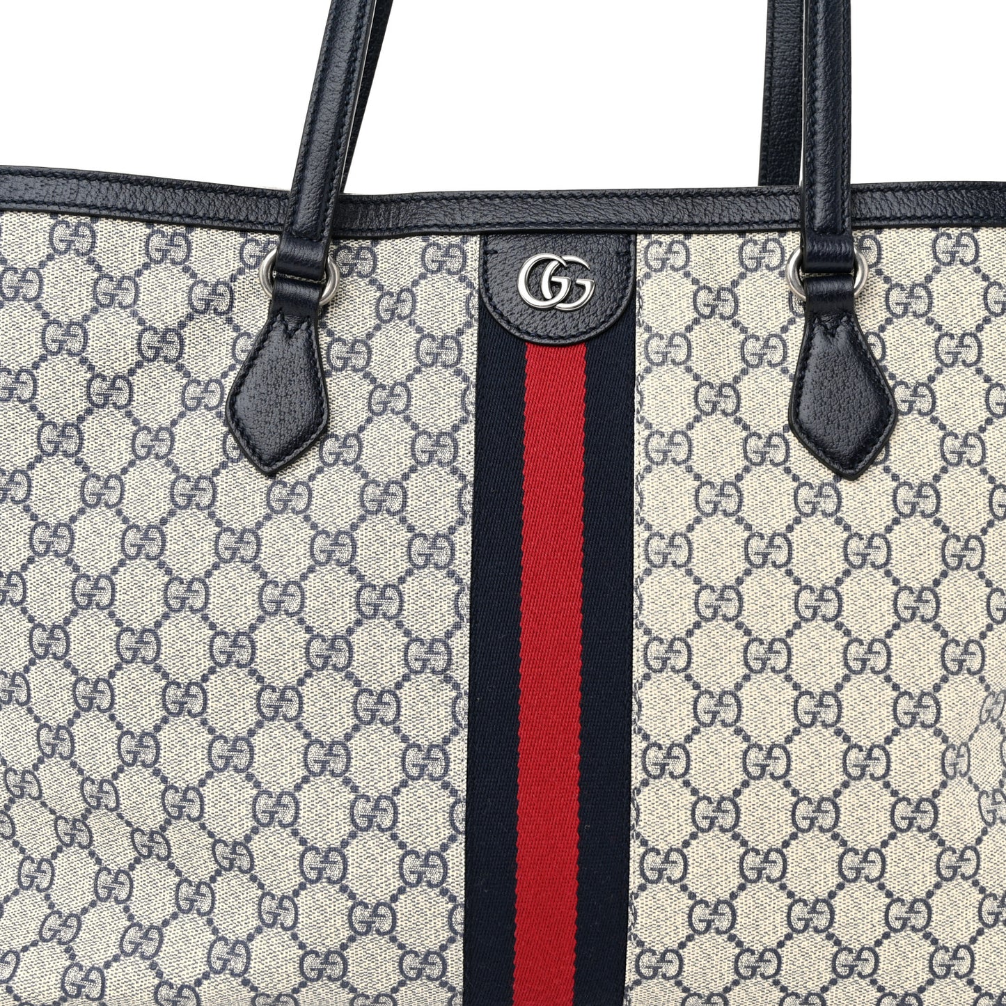 GG Supreme Monogram Textured Calfskin Web Medium Ophidia Shopping Tote Beige Blue