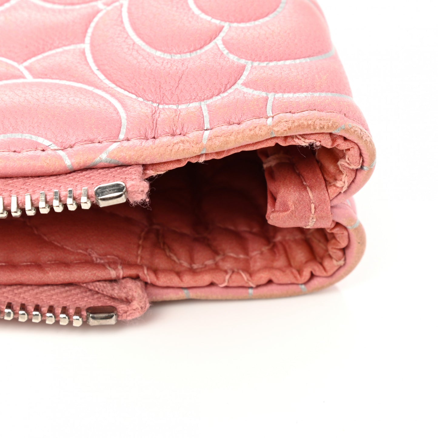 Lambskin Camellia Embossed Cosmetic Pouch Pink