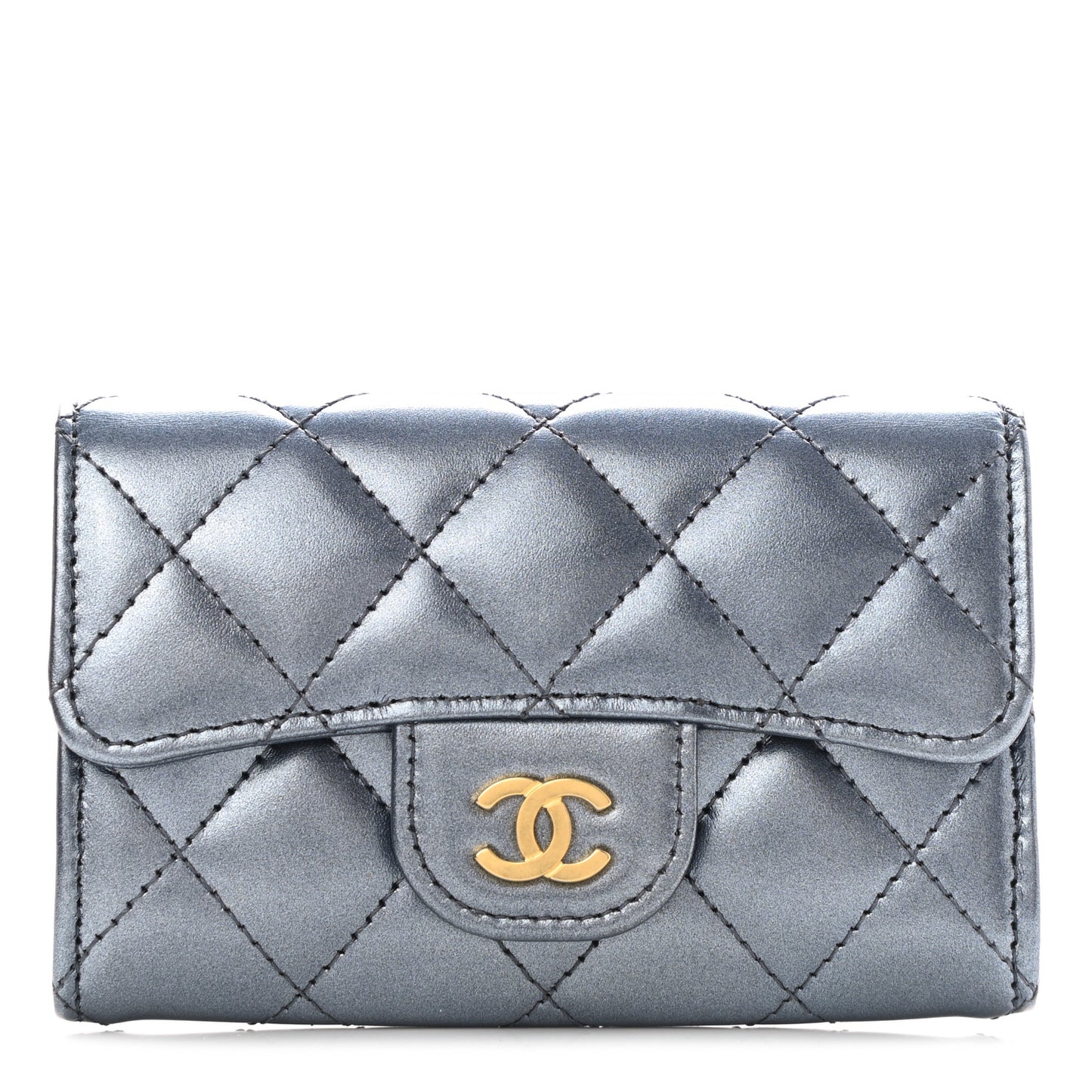 Metallic Lambskin Quilted Flap Card Holder Wallet Dark Blue