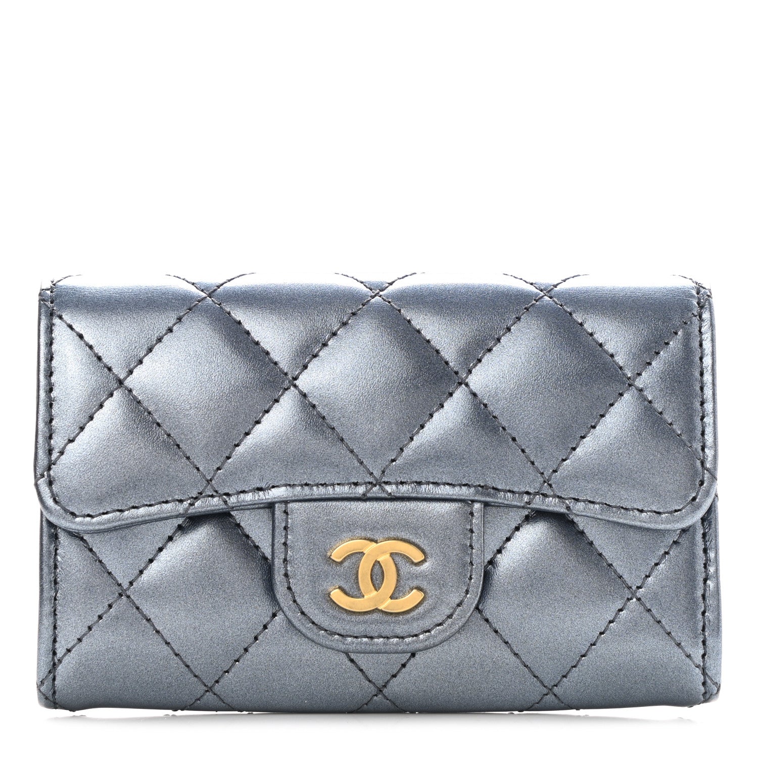 Chanel Metallic Lambskin Quilted Flap Card Holder Wallet Dark Blue 1 of 9