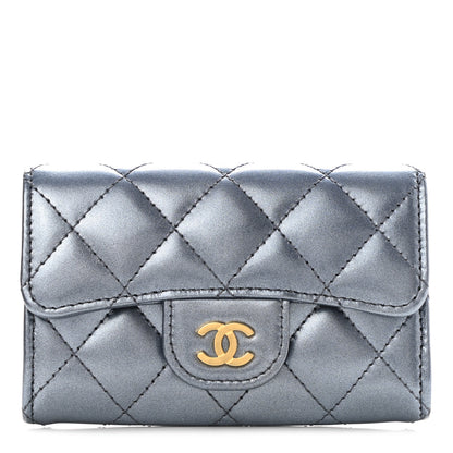 Chanel Metallic Lambskin Quilted Flap Card Holder Wallet Dark Blue 1 of 9