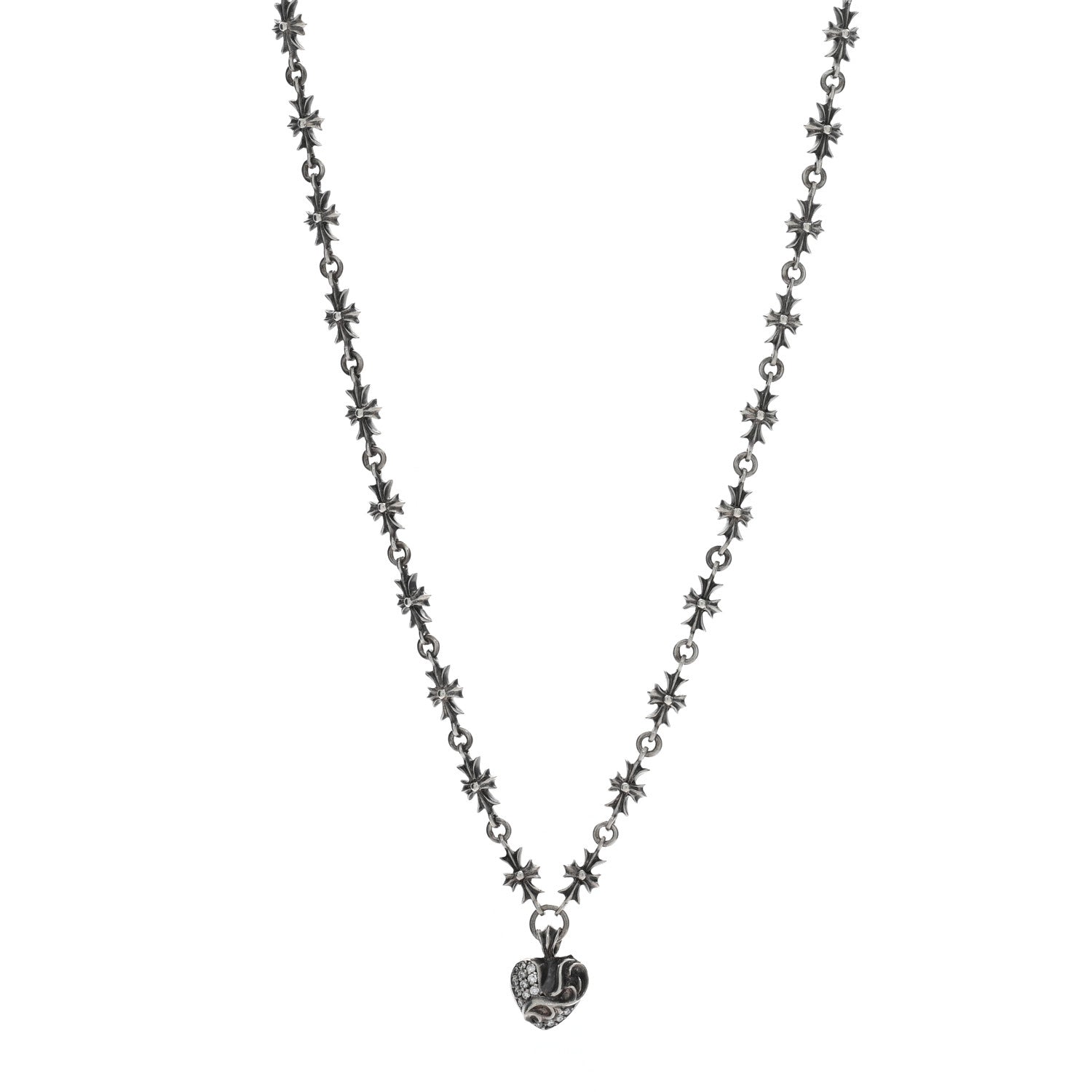 Chrome Hearts Sterling Silver Diamond Heart Pendant Maltese Chain Necklace 1 of 4