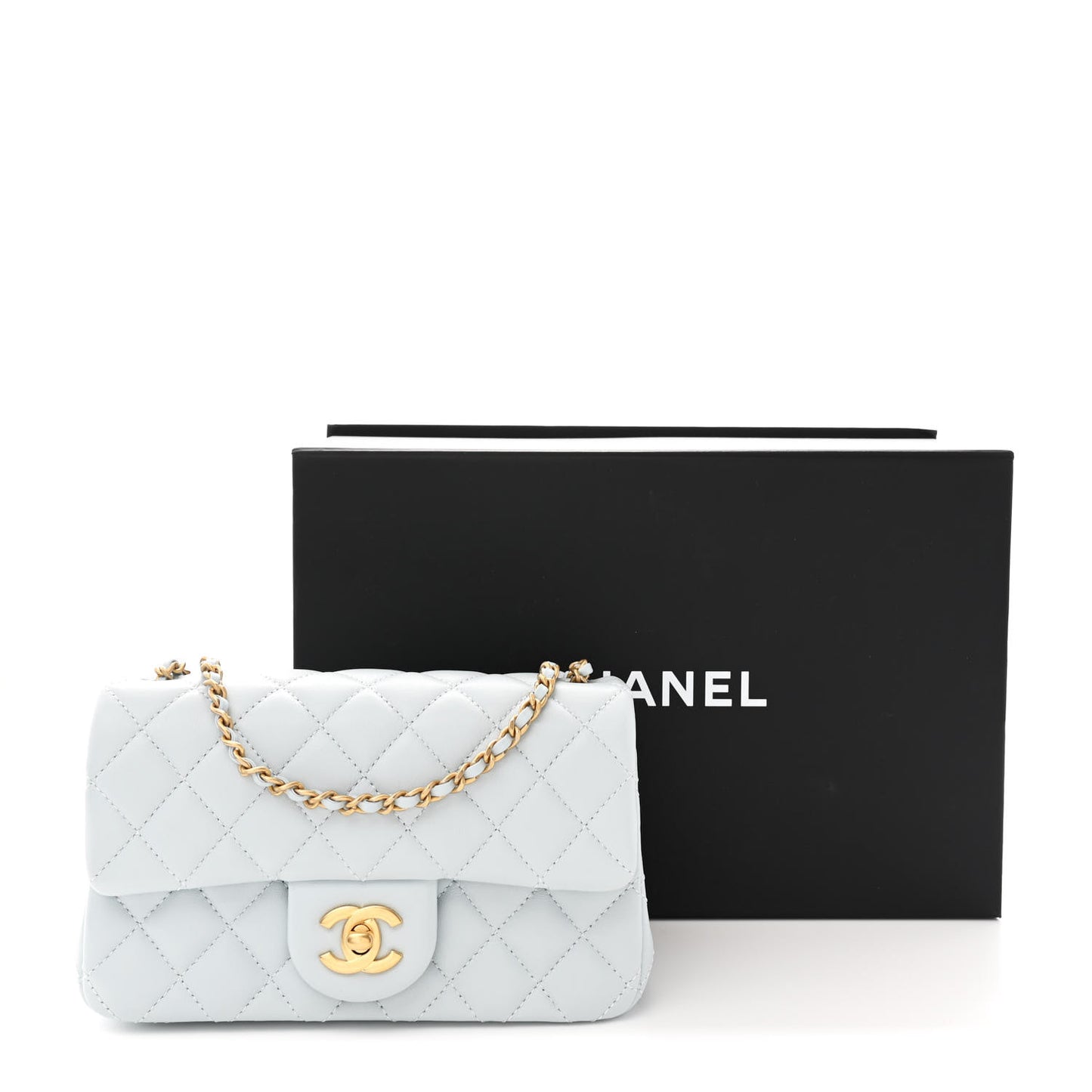 Lambskin Quilted Mini Rectangular Pearl Crush Flap Light Blue