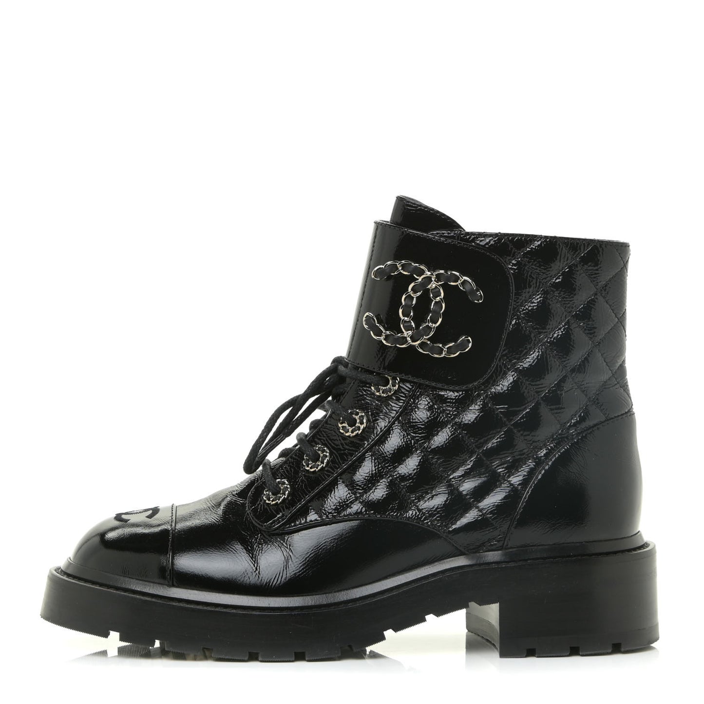 Shiny Calfskin Quilted Lace Up Combat Boots 38.5 Black