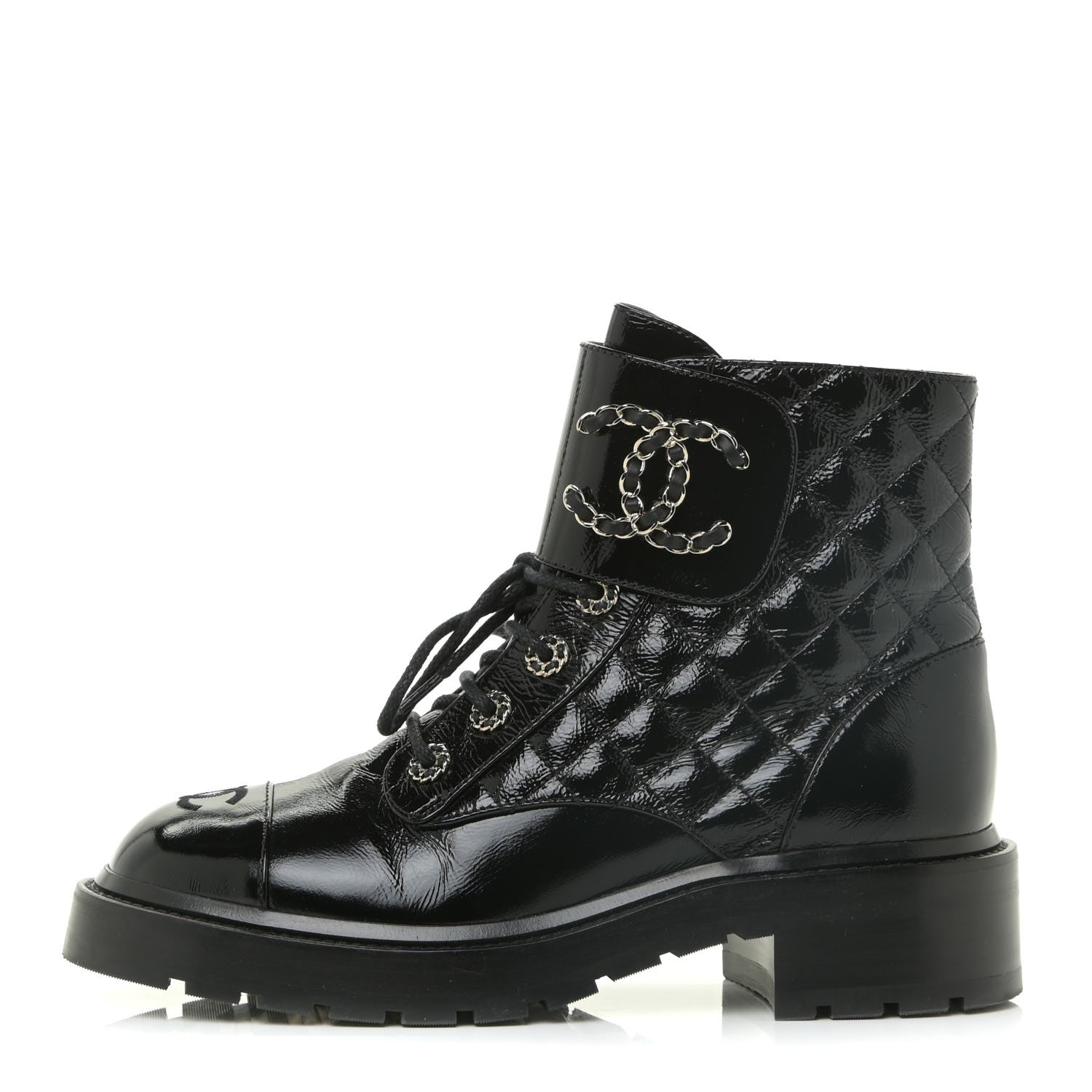 Chanel Shiny Calfskin Quilted Lace Up Combat Boots 38.5 Black 1 of 14