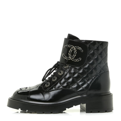 Chanel Shiny Calfskin Quilted Lace Up Combat Boots 38.5 Black 1 of 14