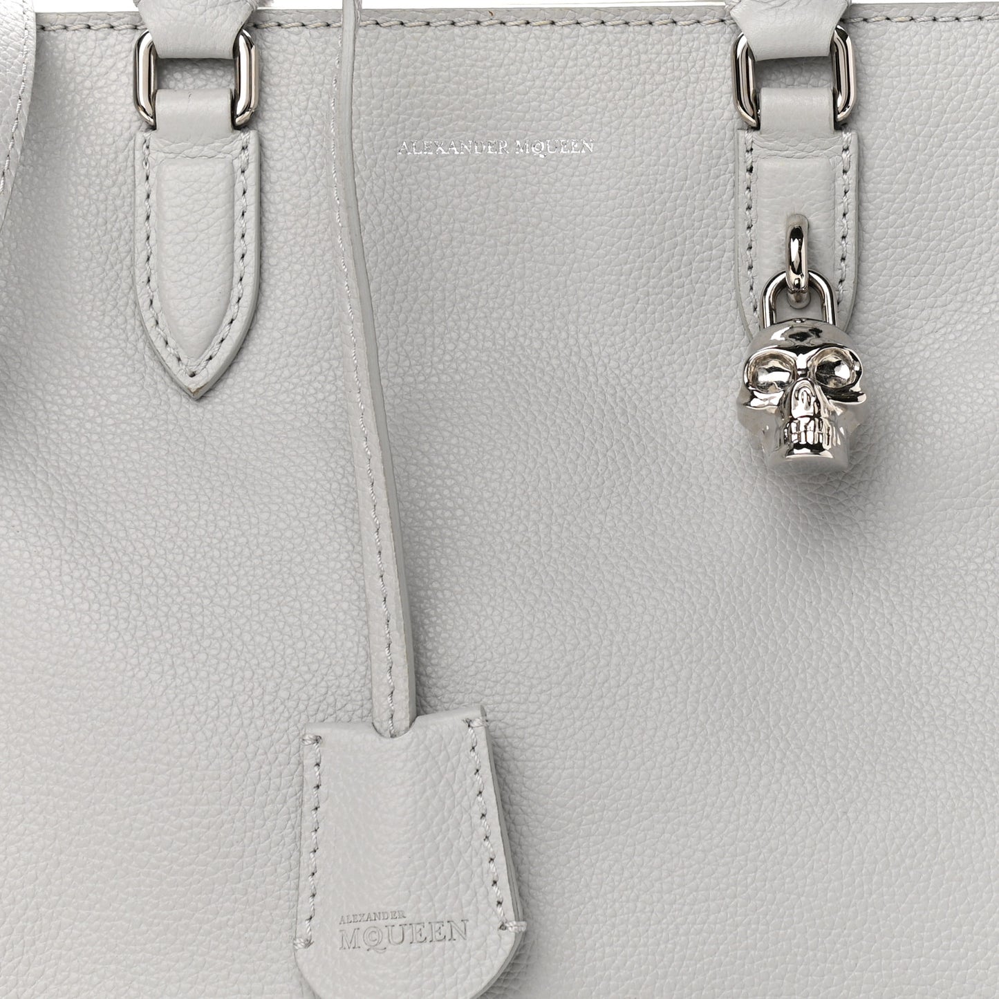 Pebbled Calfskin Small Skull Padlock Zip Around Tote Light Grey