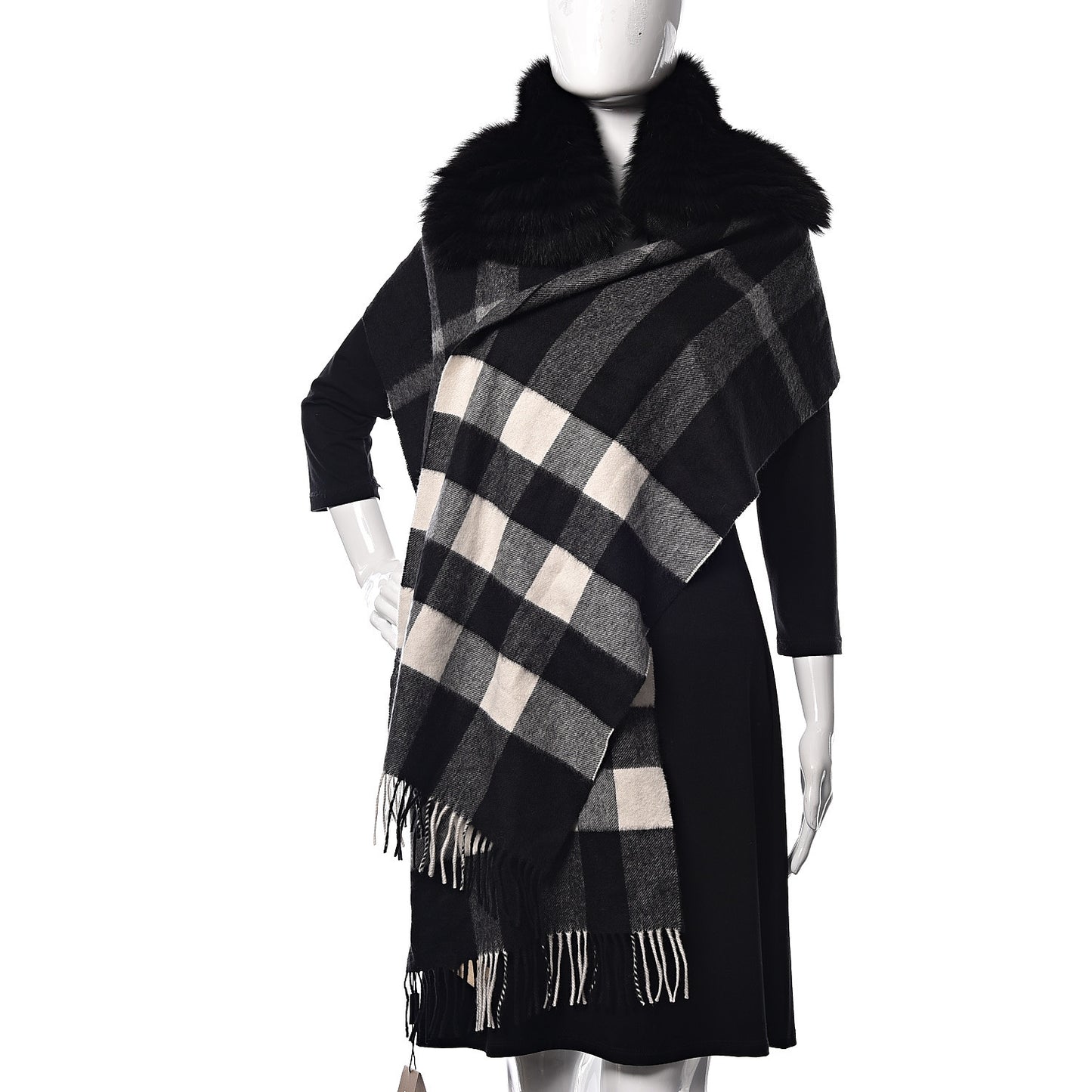 Fox Cashmere Half Mega Check Fringe Scarf Black