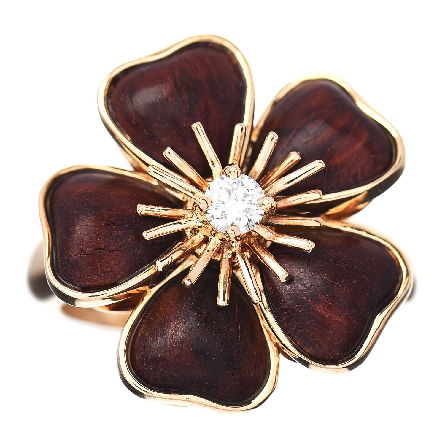 Van Cleef & Arpels 18K Yellow Gold Diamond Exotic Wood Nerval Ring 54 6.75 1 of 5